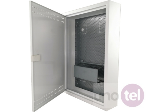 Szafka mieszkaniowa, teletechniczna, FTTH 500x350x90, natynkowa, drzwi perforowane, 1 x gn. elektryczne, 14 x gn. Keystone Szafka mieszkaniowa, teletechniczna, FTTH 500x350x90, natynkowa, drzwi perforowane, 1 x gn. elektryczne, 14 x gn. Keystone