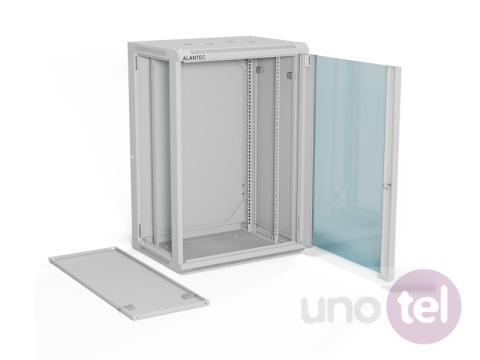 Szafa wisząca 19'' 18U 600x450, drzwi szklane, tył osłona pełna demontowalna, szara, Flat Pack SW-18U-600-450-01-SF